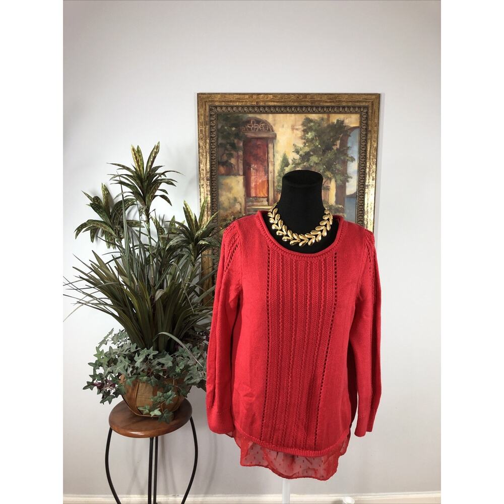 Lucky Brand Women’s Medium‎ Open Knit Sweater with Sheer Hem – Red Cotton Blend